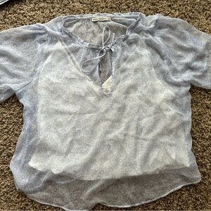 Abercrombie & Fitch Blue Blouse with Puff Sleeves and Tie Front